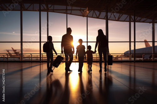 Family travel, showcasing silhouette figures of family members inside an airport terminal. AI Generated