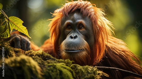 A Sumatran orangutan (Pongo abelii) swinging through the trees of Indonesia's Gunung Leuser National Park, its fiery fur a stark contrast to the dark green of the rainforest. photo