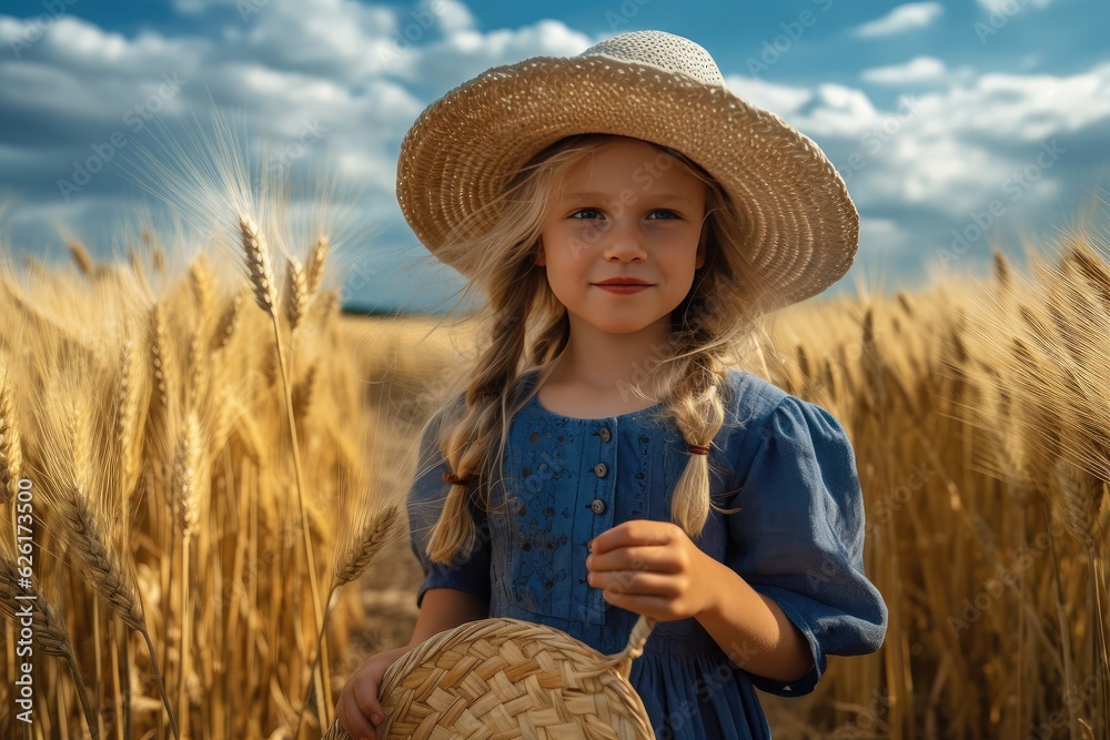 Little beautiful smiling blonde girl in straw hat on a gold wheat field ...