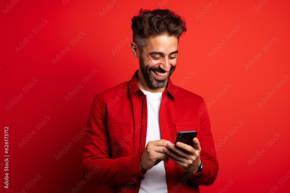 man with phone on red background. AI Generated man with phone on red background. AI Generated