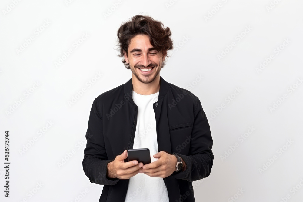 man with phone on white background. AI Generated man with phone on white background. AI Generated