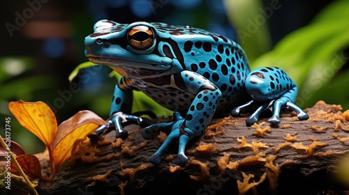 A Blue Poison Dart Frog (Dendrobates tinctorius 'azureus') sitting on a leaf in the rainforest of Suriname, its blue body and black spots a striking sight against the green foliage. photo