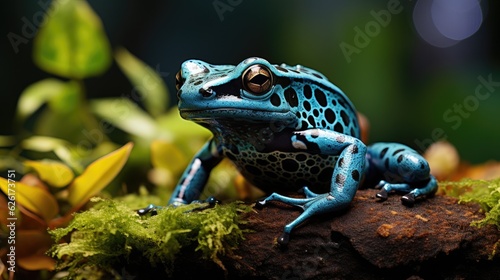 A Blue Poison Dart Frog  Dendrobates tinctorius  azureus   sitting on a leaf in the rainforest of Suriname  its blue body and black spots a striking sight against the green foliage.