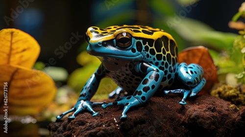 A Blue Poison Dart Frog (Dendrobates tinctorius 'azureus') sitting on a leaf in the rainforest of Suriname, its blue body and black spots a striking sight against the green foliage. photo