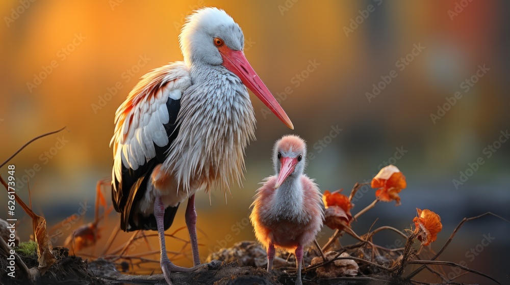 Fototapeta premium A Painted Stork (Mycteria leucocephala) feeding its young in the marshes of India's Keoladeo National Park, its long bill, pink wingtips, and yellow head a vibrant sight.