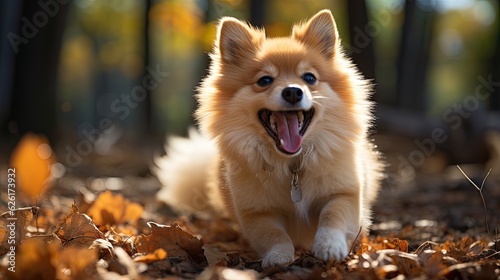 A Pomeranian (Canis lupus familiaris) wagging its tail excitedly, its fluffy coat and lively demeanor making it an energetic and lovable pet.