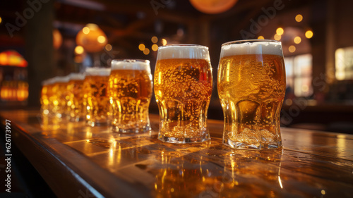 Shiny wet glasses full of beer with high foam on a bar table. AI Generated