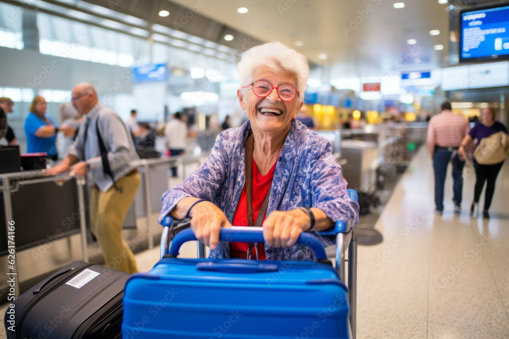 very happy old woman at airport terminal . AI Generated very happy old woman at airport terminal . AI Generated