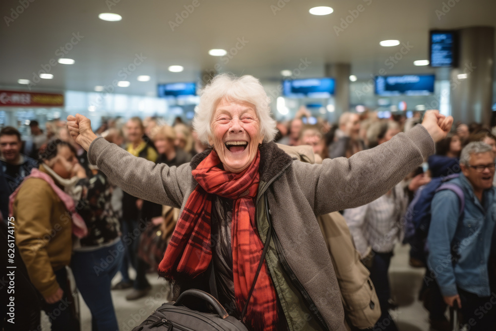 very happy old woman at airport terminal . AI Generated
