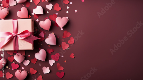 Valentine's Day red background with red hearts and pink hearts paper with gift box top view lay flat. AI Generated