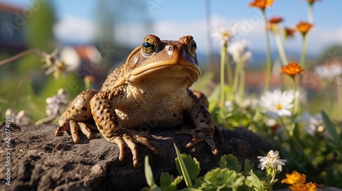 A Common Toad (Bufo bufo) sitting still in a garden in Europe, its warty skin and golden eyes a fascinating sight against the green grass. © blueringmedia