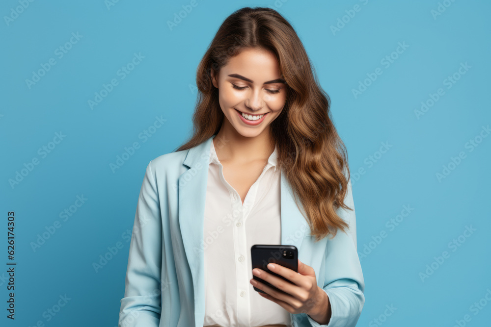 woman with phone on blue background. AI Generated woman with phone on blue background. AI Generated