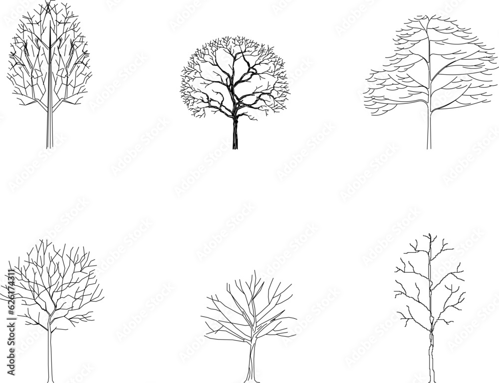 Vector sketch of ethnic plant and tree silhouettes full of twigs and