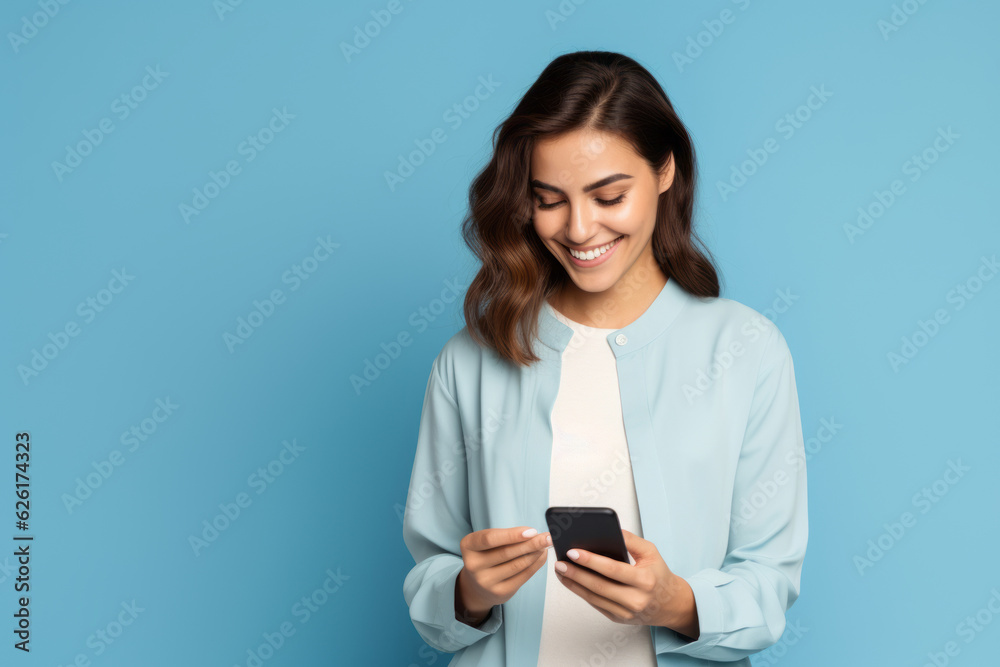 woman with phone on blue background. AI Generated woman with phone on blue background. AI Generated