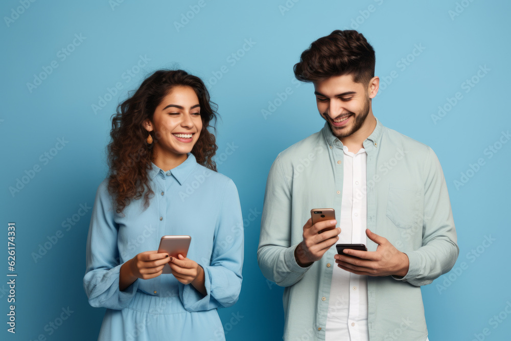 woman and man with phone on blue background. AI Generated woman and man with phone on blue background. AI Generated