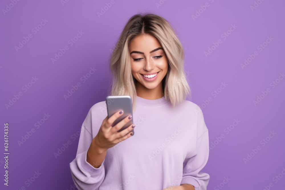 woman with phone on purple background . AI Generated woman with phone on purple background . AI Generated