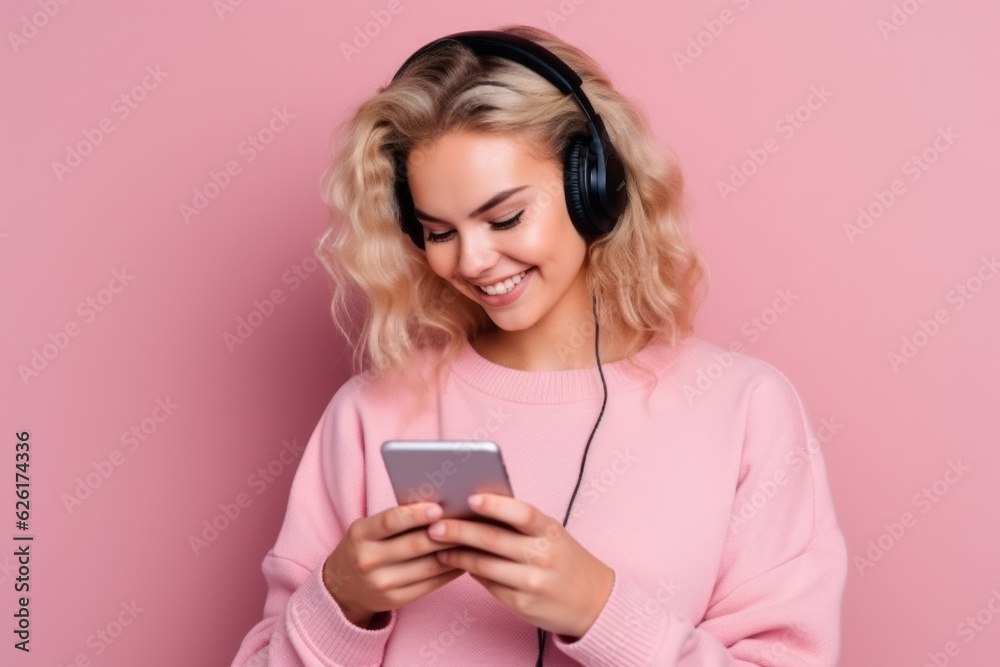 woman with phone on pink background. AI Generated woman with phone on pink background. AI Generated