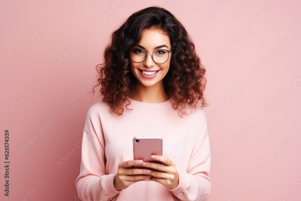woman with phone on pink background. AI Generated woman with phone on pink background. AI Generated