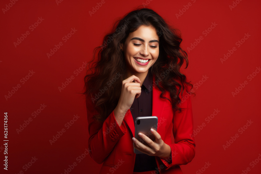 woman with phone on red background. AI Generated woman with phone on red background. AI Generated