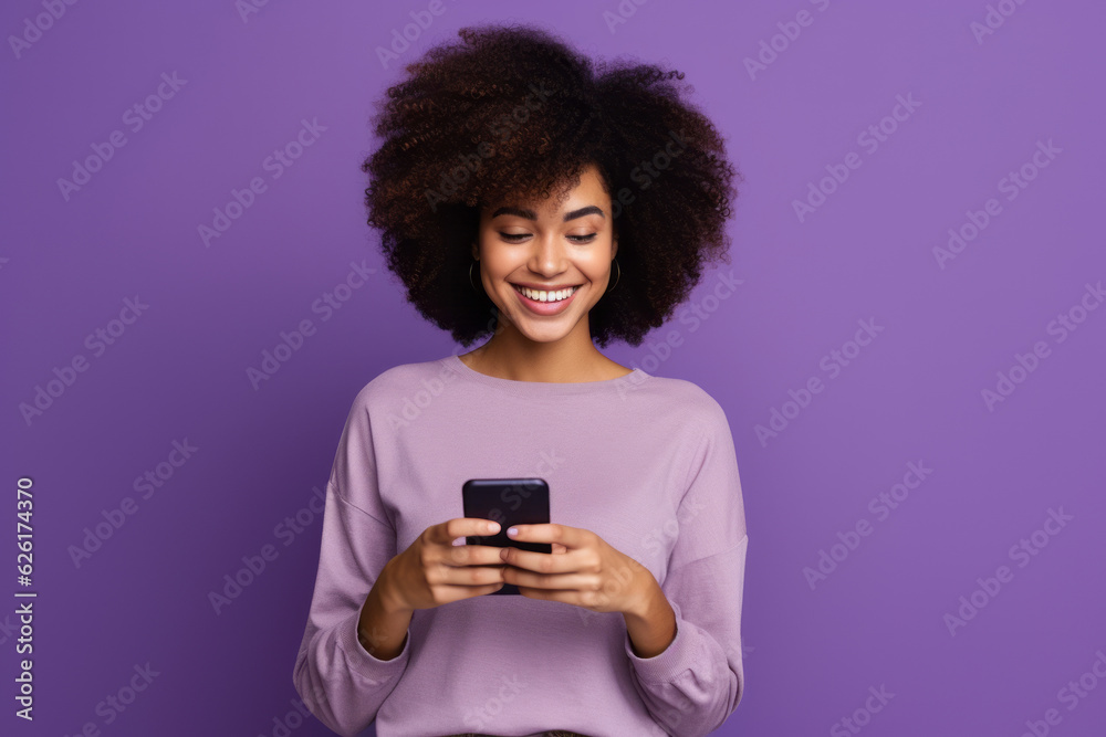 woman with phone on purple background . AI Generated woman with phone on purple background . AI Generated