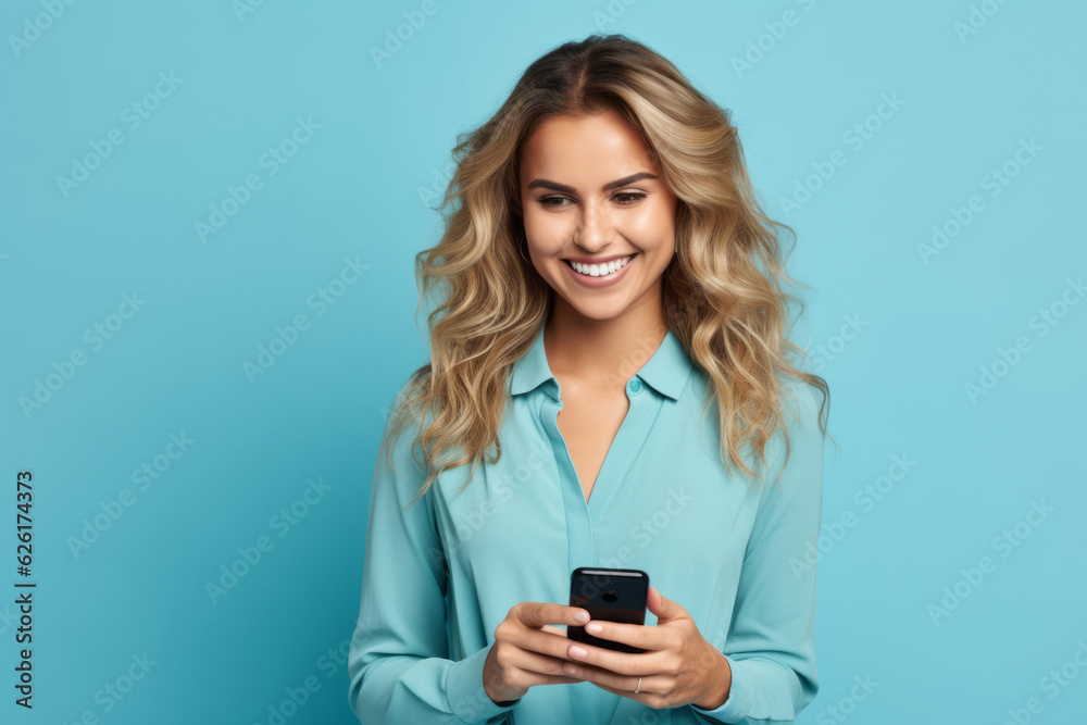 woman with phone on blue background. AI Generated woman with phone on blue background. AI Generated