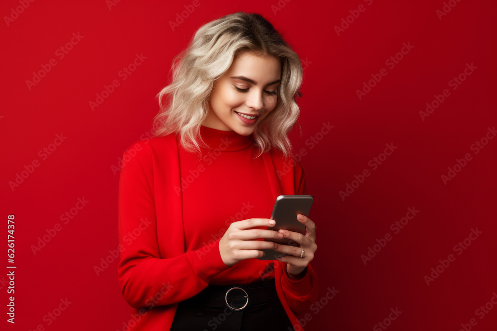 woman with phone on red background. AI Generated woman with phone on red background. AI Generated