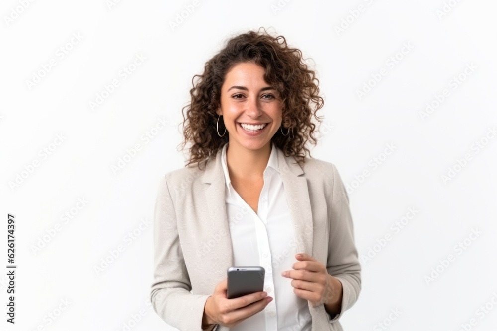 woman with phone on white background. AI Generated woman with phone on white background. AI Generated
