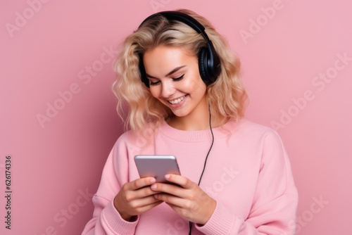woman with phone on pink background. AI Generated