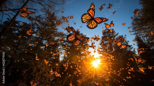 Fotografiet A monarch butterfly (Danaus plexippus) migration in the skies above Mexico's Mon