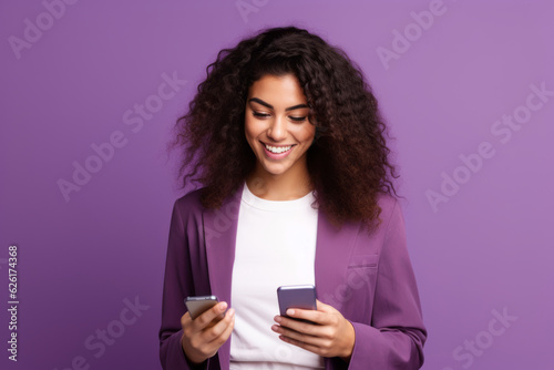 woman with phone on purple background . AI Generated