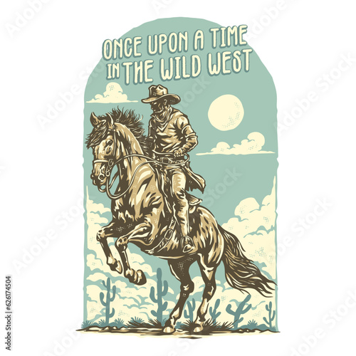 Cowboy rides the jumping horse in the wild west isolated illustration