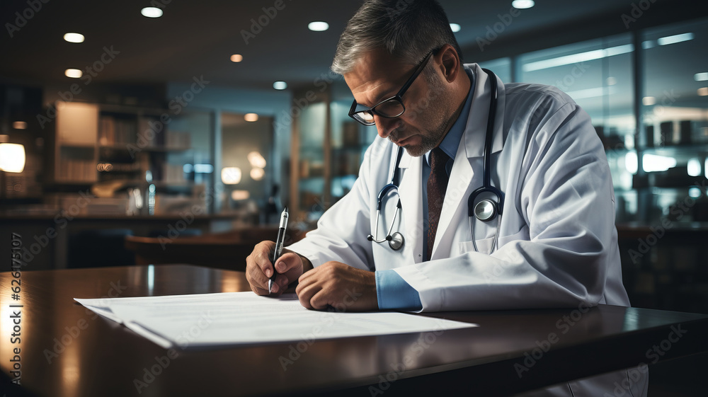 Doctor hands writing on paper or document at a white desk . AI Generated