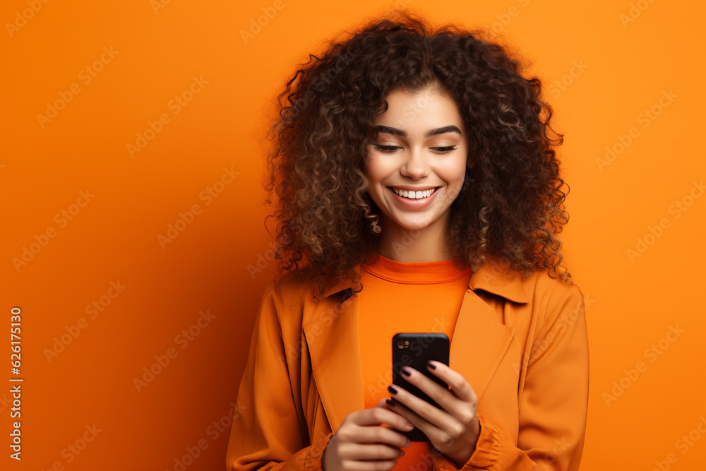 girl with phone on orange background. AI Generated girl with phone on orange background. AI Generated