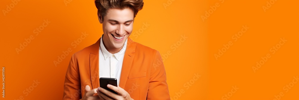 © wolfhound911 - Man with phone on orange background. AI Generated