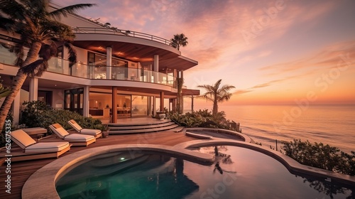 Contemporary luxurious home with pool and ocean view at sunset, real estate photography, AI-generative