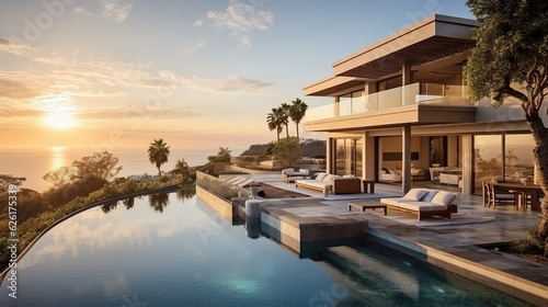 Contemporary luxurious home with pool and ocean view at sunset, real estate photography, AI-generative © Andy Sarmiento