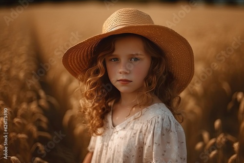 Summer vacation in the village. Portrait of a little girl with curly blond hair running in a dress over a field of ripened wheat in the sunset light. Happy childhood