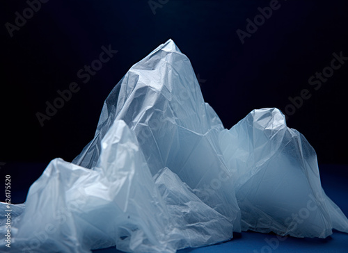 Icebergs made of plastic bags floating in the ocean. Eco-friendly consciousness conceptual background. AI generated image