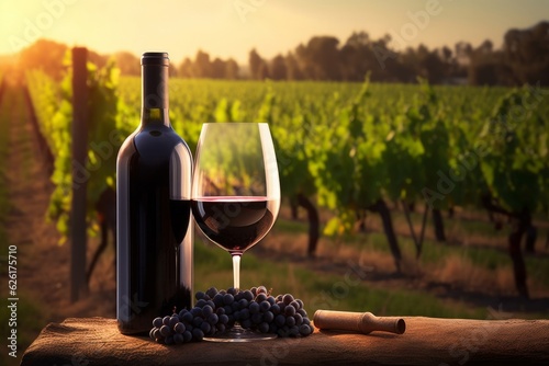 Illustration of wine bottle and glass of wine in vineyard, Generative AI