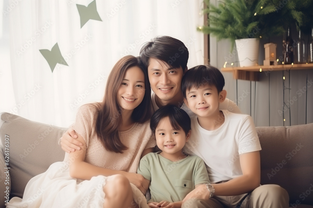 happy children sitting by the Christmas tree in the living room smiling. AI Generated happy children sitting by the Christmas tree in the living room smiling. AI Generated
