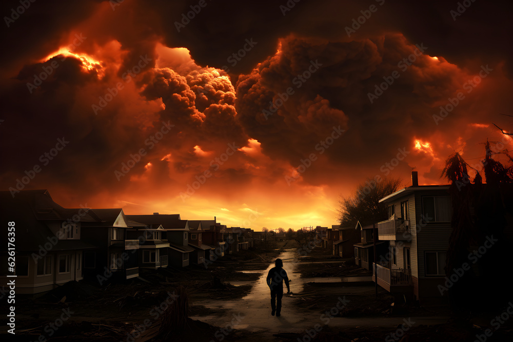 apocalypse city landscape with burning sky and silhouette