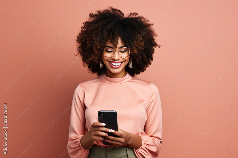 Black woman with phone on studio background . AI Generated Black woman with phone on studio background . AI Generated