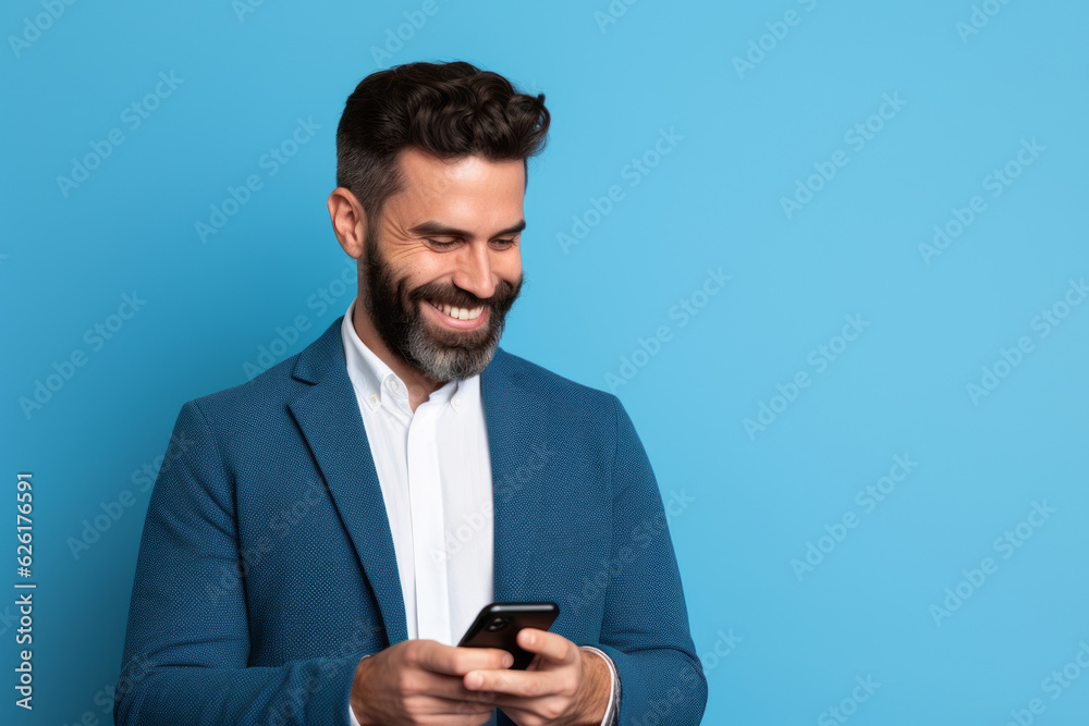 man with phone on blue background. AI Generated man with phone on blue background. AI Generated