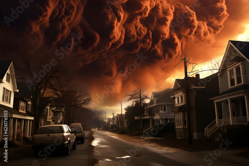 apocalypse city landscape with orange smoke sky