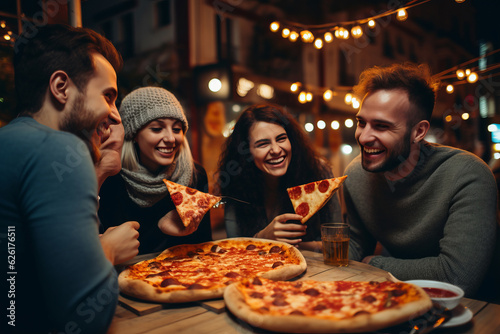 group of friends having pizza. AI Generated