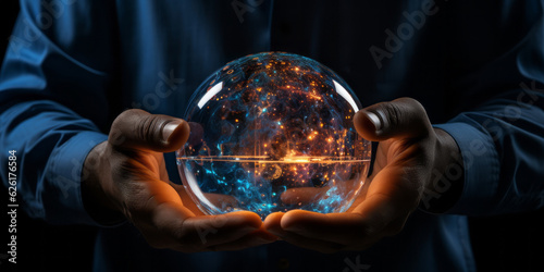 Man hold earth energy at night on tablet depicting the issue and reduce CO2 emissions carbon. Global warming and climate change. Energy saving, Sustainable development. Earth day. AI Generated