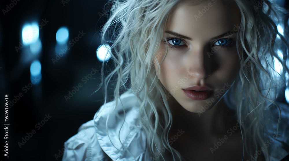 Portrait of beautiful woman blue eyes and white platinum blonde hair - Generative AI