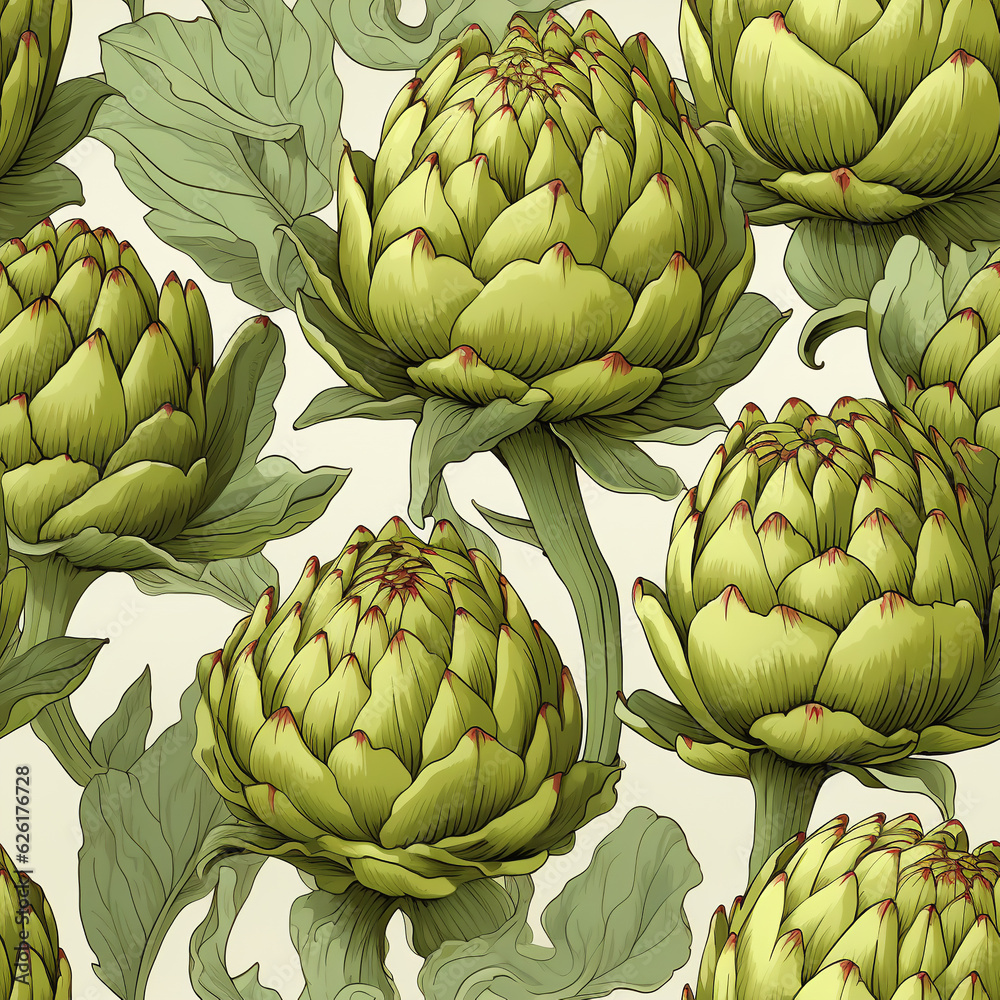 Fototapeta premium Beautiful elegant seamless botanical pattern with green artichokes. Artistic print for product surface design fabric wallpaper