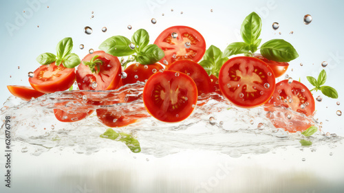 Sliced tomatoes float horizontally on top of each other in the air in white background. AI Generated