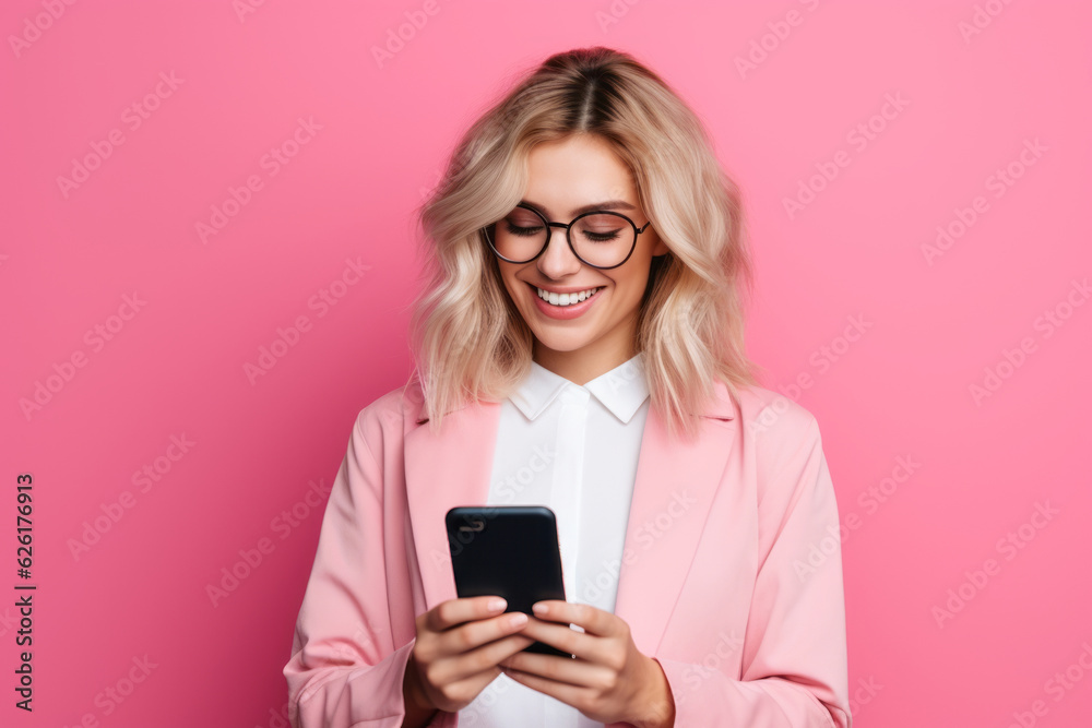 woman with phone on pink background. AI Generated woman with phone on pink background. AI Generated